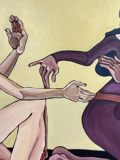 Velvet Tension by Noemi Safir, an original contemporary figurative painting about intimacy, body language, desire, resistance and emotional tension.