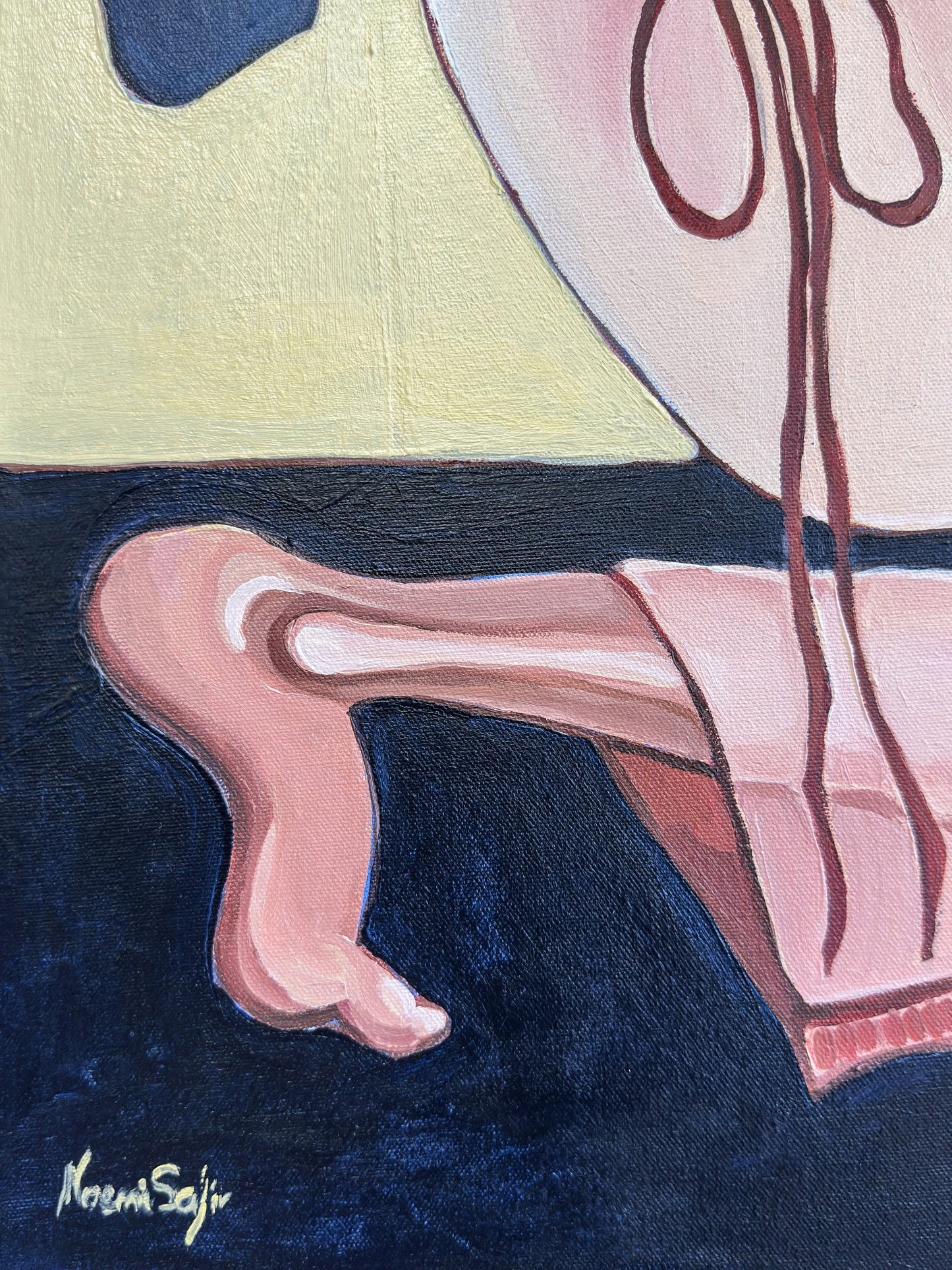 Artist signature detail on Velvet Tension, an original 80 x 100 cm figurative painting by Israeli contemporary artist Noemi Safir.