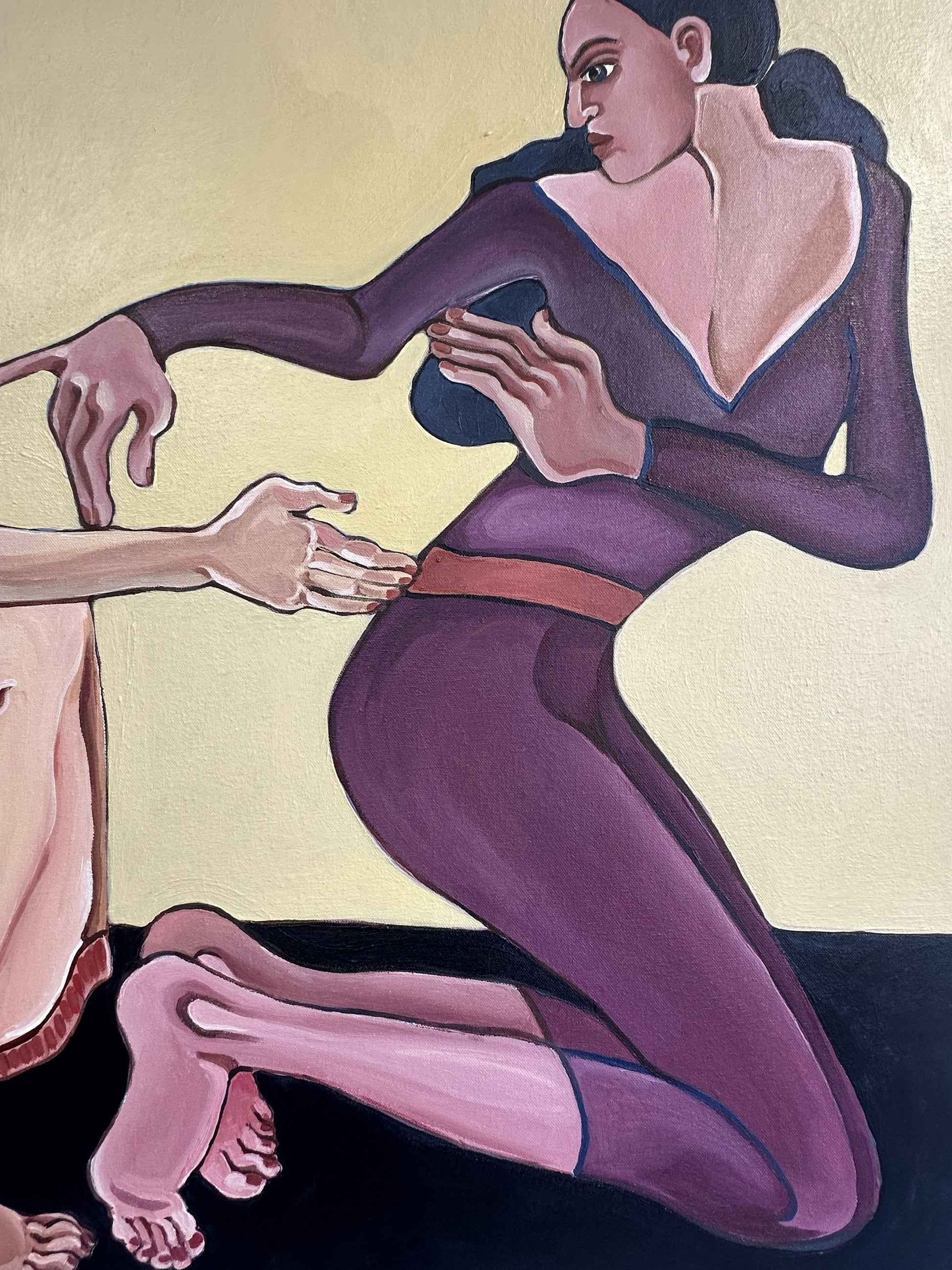 Detail of Velvet Tension by Noemi Safir, featuring an elongated female figure reaching forward in a moment of vulnerability, desire and emotional exposure.