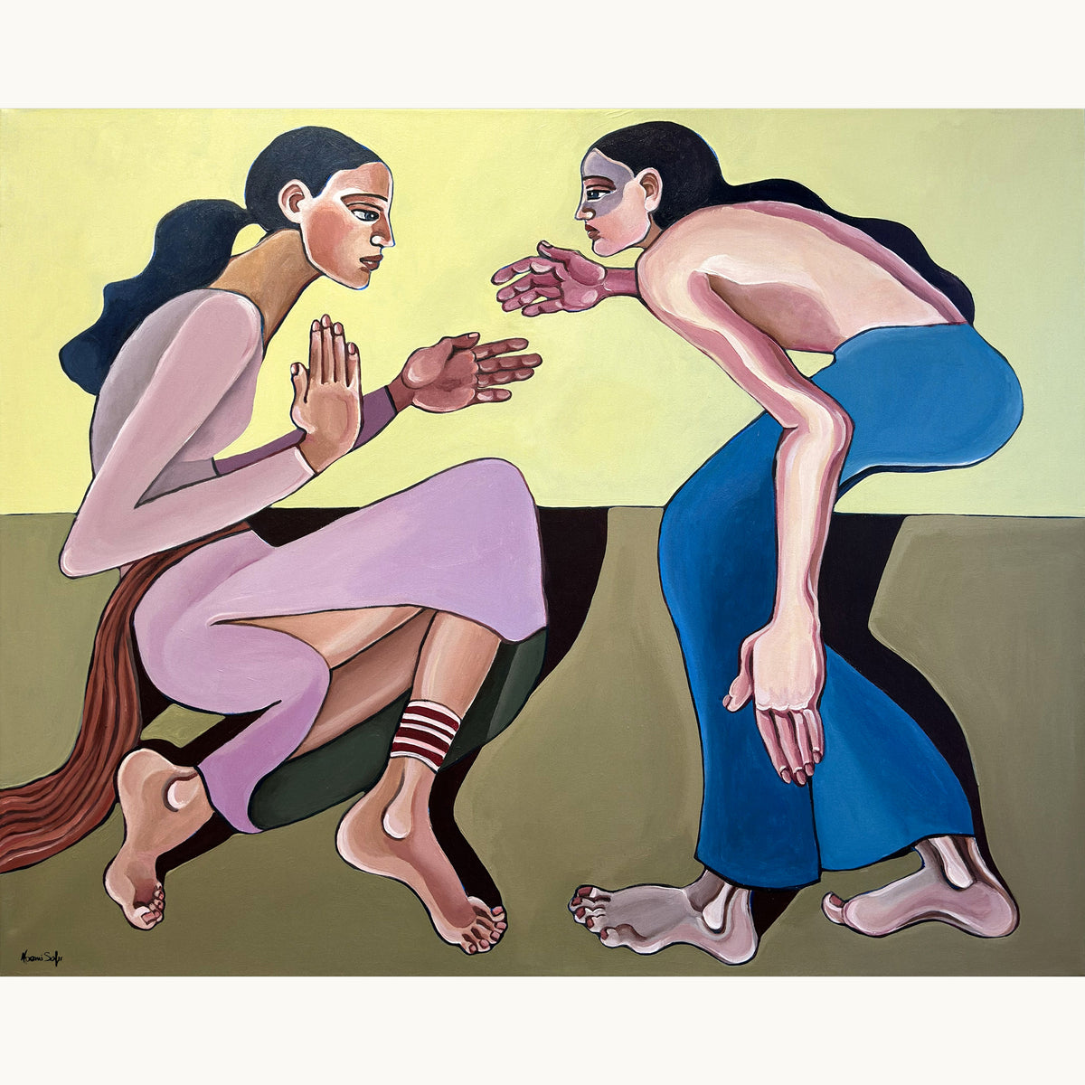 Noemi Safir A Silent Confession original acrylic painting on canvas, a highly collectible contemporary figurative artwork about women, intimacy, emotional tension and beauty with meaning.