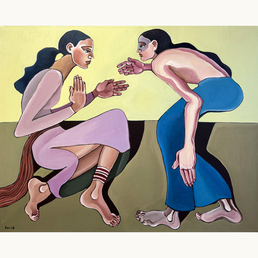 Noemi Safir A Silent Confession original acrylic painting on canvas, a highly collectible contemporary figurative artwork about women, intimacy, emotional tension and beauty with meaning.