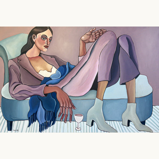 Ask Me Again Tomorrow by Noemi Safir is an original 120 × 80 cm contemporary figurative painting from the Drama Looks Good on Us series.