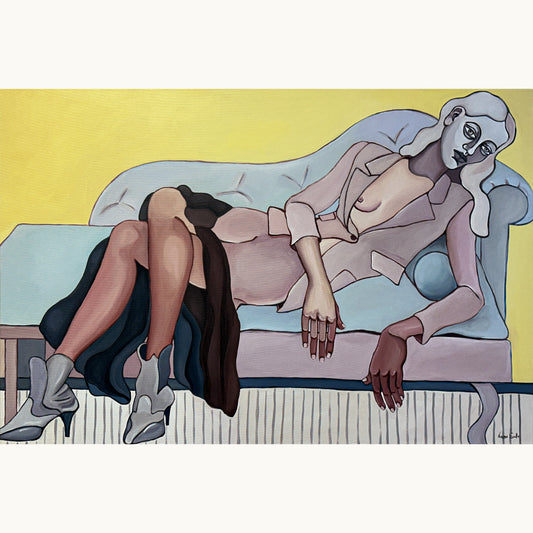Tell Them I’m Busy by Noemi Safir is an original 120 × 80 cm contemporary figurative painting from the Drama Looks Good on Us series.