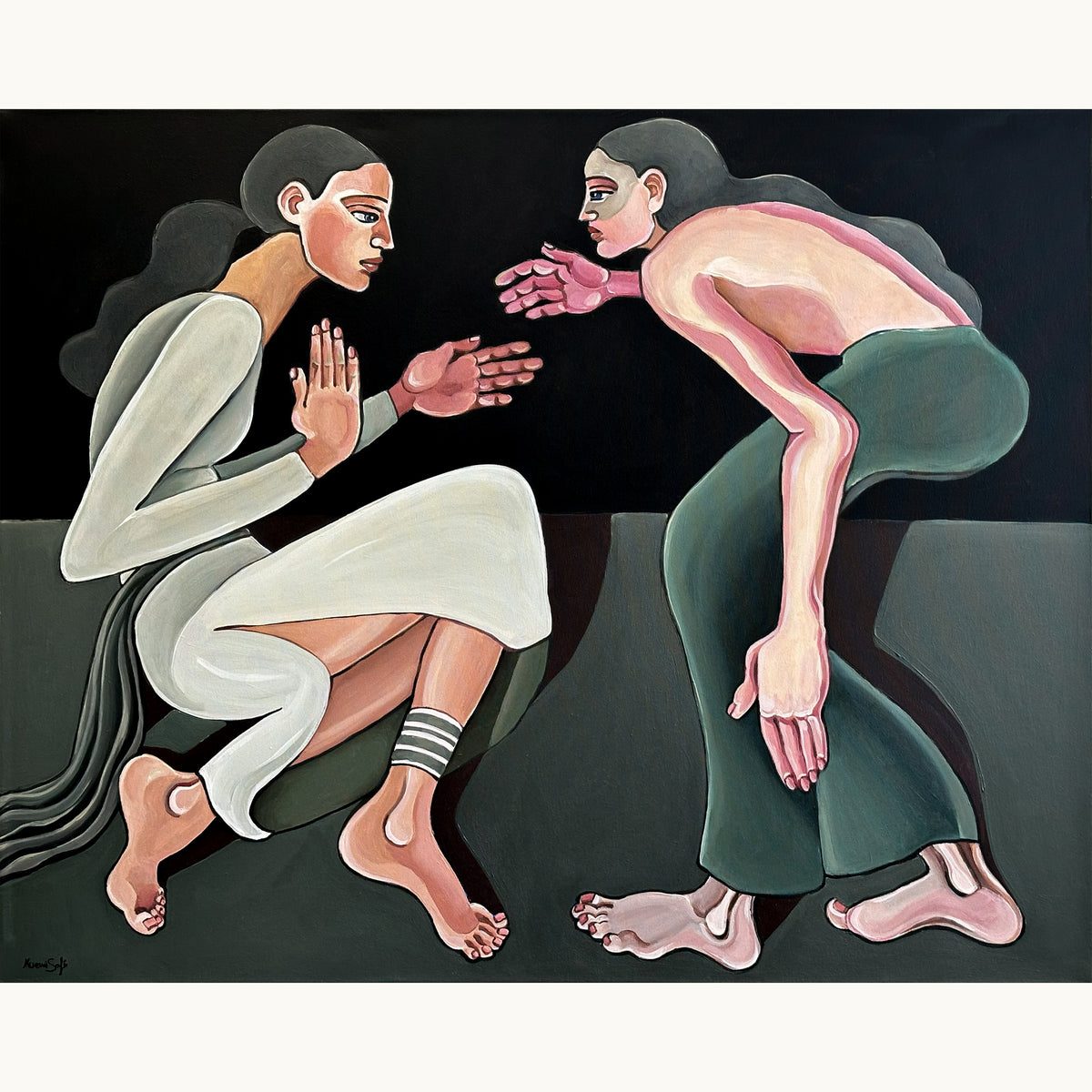Noemi Safir A Silent Confession original acrylic painting on canvas, a highly collectible contemporary figurative artwork about women, intimacy, emotional tension and beauty with meaning.