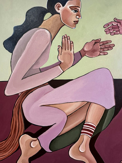 A Silent Confession original acrylic on canvas by Noemi Safir, a symbolic figurative painting about women, guarded gestures, psychological intimacy and emotional presence.