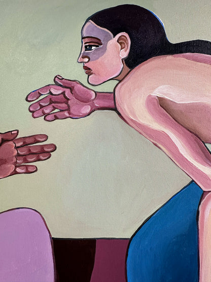 Noemi Safir women painting A Silent Confession, exploring the fragile moment before confession when silence already reveals what words cannot fully hold.