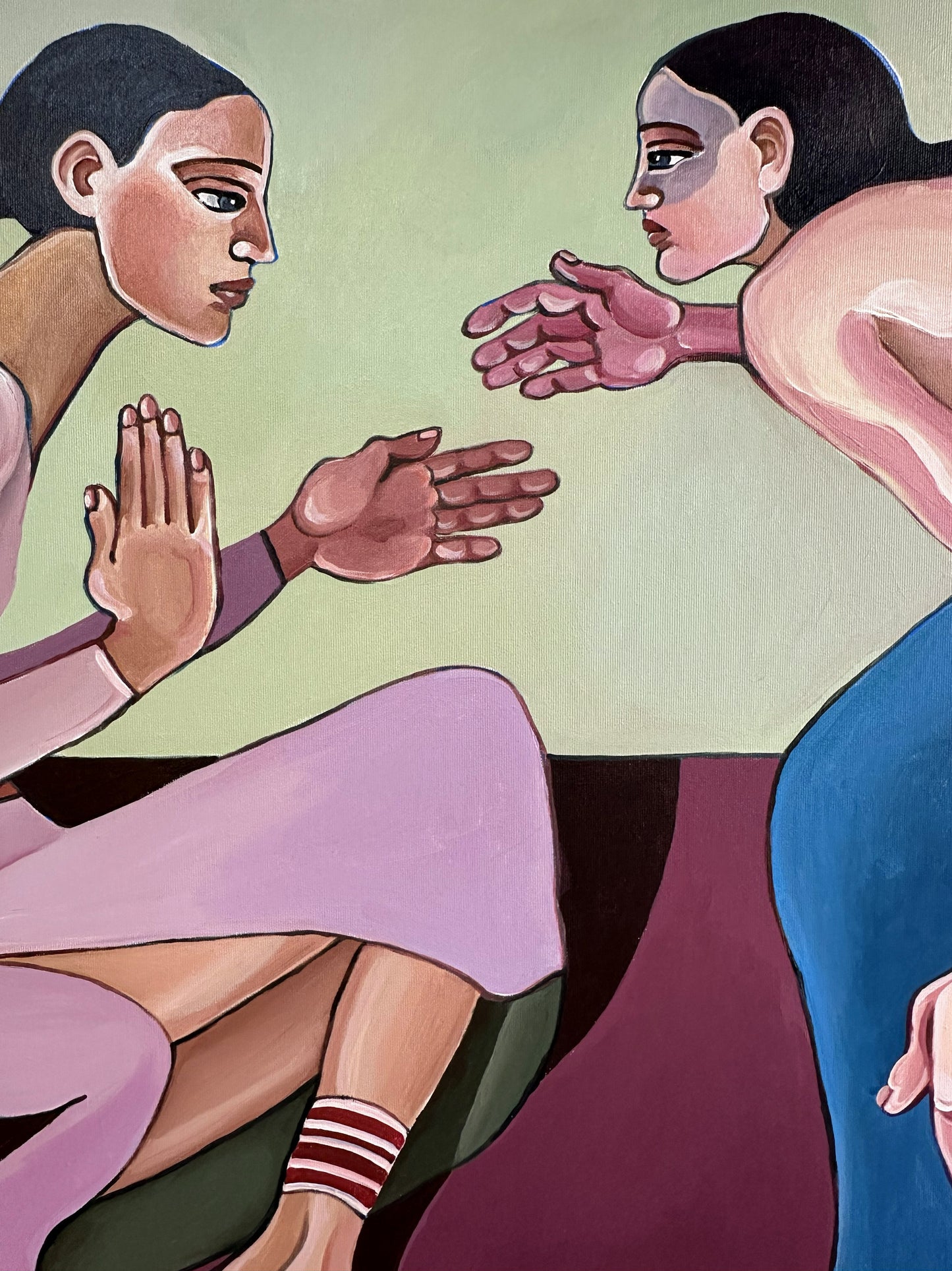 A Silent Confession by Noemi Safir, original painting from Drama Looks Good on Us, featuring two women in a tense intimate exchange filled with silence and psychological pressure.