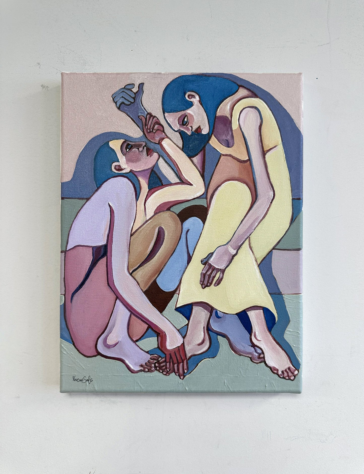 Sweet Power Trip original acrylic on canvas by Noemi Safir, a symbolic figurative painting about feminine closeness, quiet control and emotional balance.