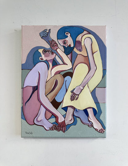 Sweet Power Trip original acrylic on canvas by Noemi Safir, a symbolic figurative painting about feminine closeness, quiet control and emotional balance.