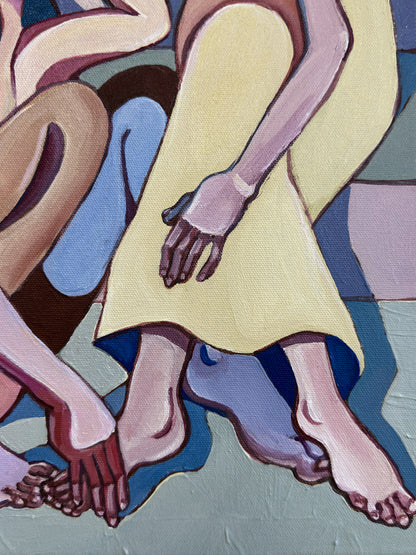 Sweet Power Trip original acrylic on canvas by Noemi Safir, a symbolic figurative painting about feminine closeness, quiet control and emotional balance.