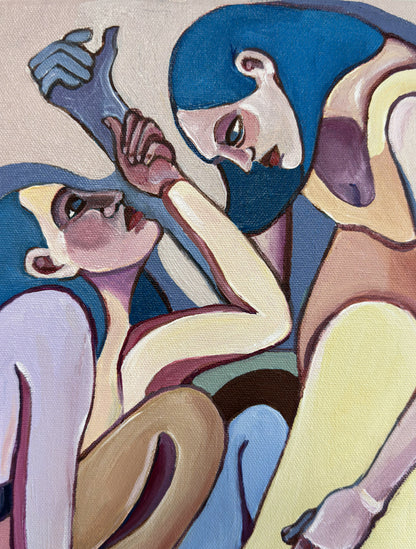 Noemi Safir contemporary figurative painting Sweet Power Trip, showing two elongated female figures seated close together in a scene of feminine intimacy and shifting power.