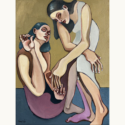 Noemi Safir Mind the Gap original acrylic painting on canvas, a highly collectible contemporary figurative artwork about women, intimacy, emotional tension and beauty with meaning.