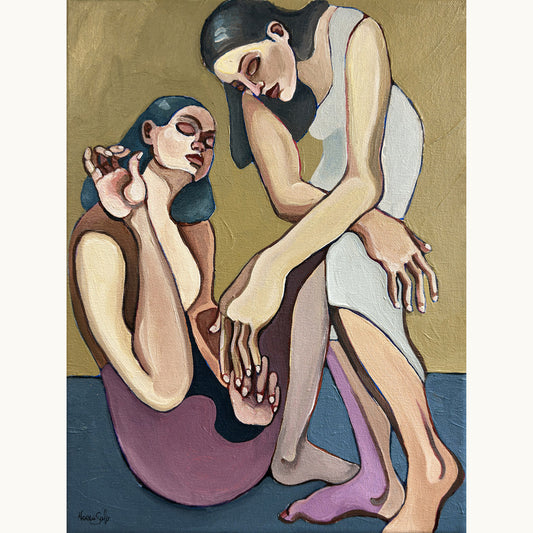 Noemi Safir Mind the Gap original acrylic painting on canvas, a highly collectible contemporary figurative artwork about women, intimacy, emotional tension and beauty with meaning.