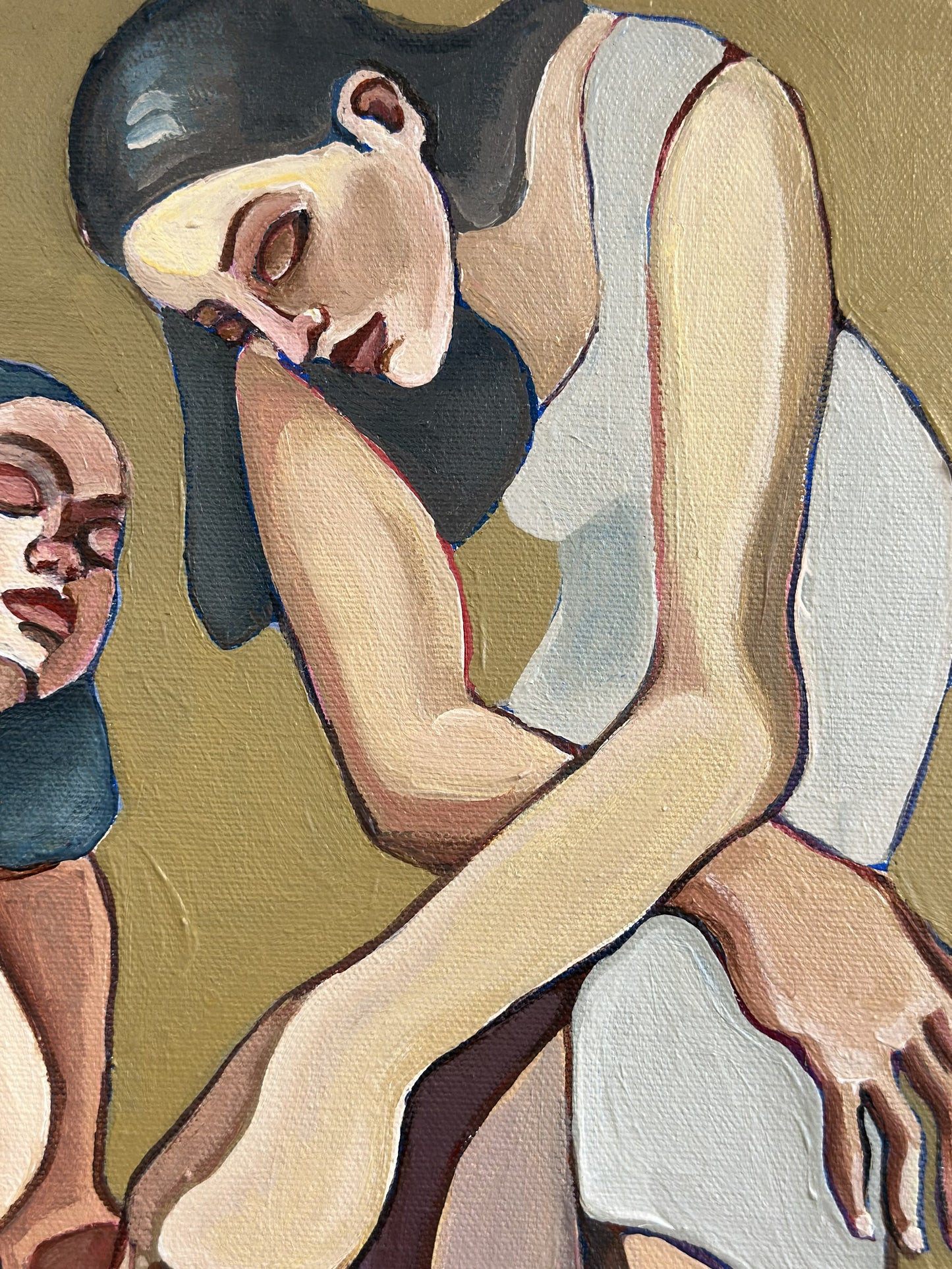 Noemi Safir contemporary figurative painting Mind the Gap, showing two elongated female figures in a tense composition about closeness, hesitation and desire.