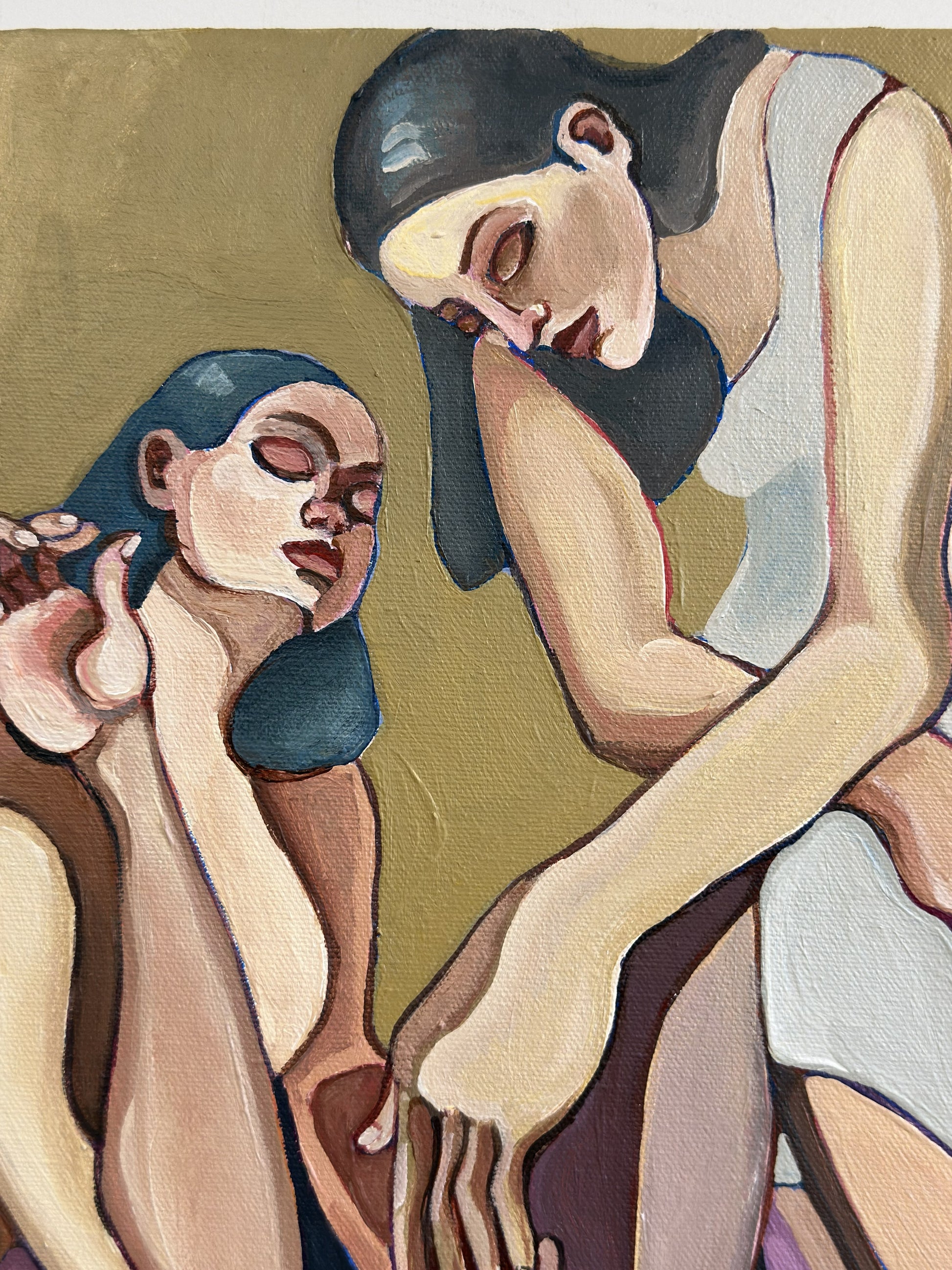 Mind the Gap original acrylic on canvas by Noemi Safir, a symbolic figurative painting about intimacy, psychological tension and the distance between two bodies.