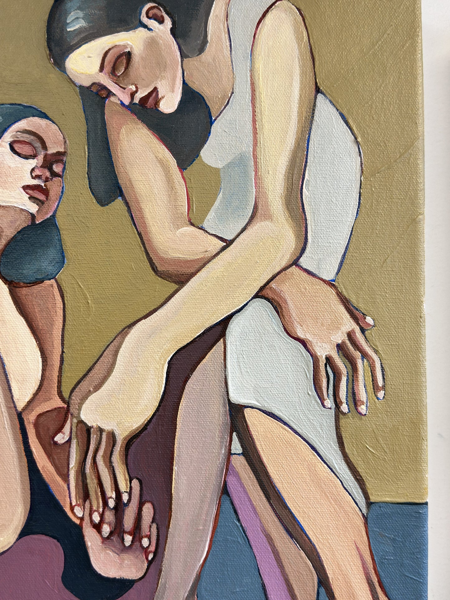 Mind the Gap original artwork by Noemi Safir, a highly collectible painting about feminine intimacy, symbolic body language, emotional tension and restraint.