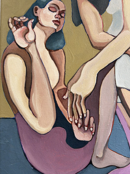 Contemporary figurative art by Israeli artist Noemi Safir titled Mind the Gap, created for collectors drawn to women in art, emotional storytelling and beauty with meaning.