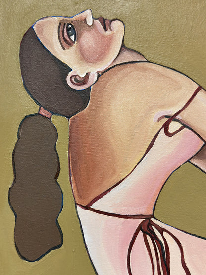 Detail of Velvet Tension by Noemi Safir, showing a seated female figure in deep burgundy tones with a guarded posture and quiet psychological tension.