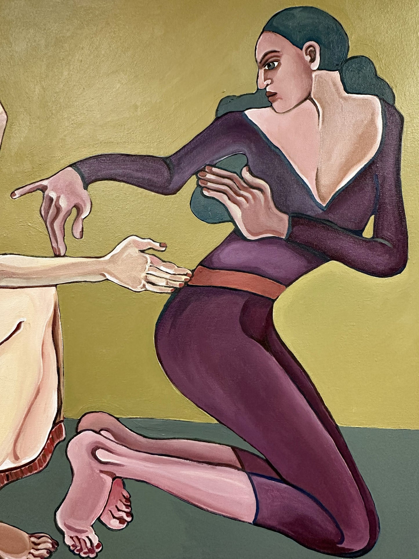 Detail of Velvet Tension by Noemi Safir, featuring an elongated female figure reaching forward in a moment of vulnerability, desire and emotional exposure.