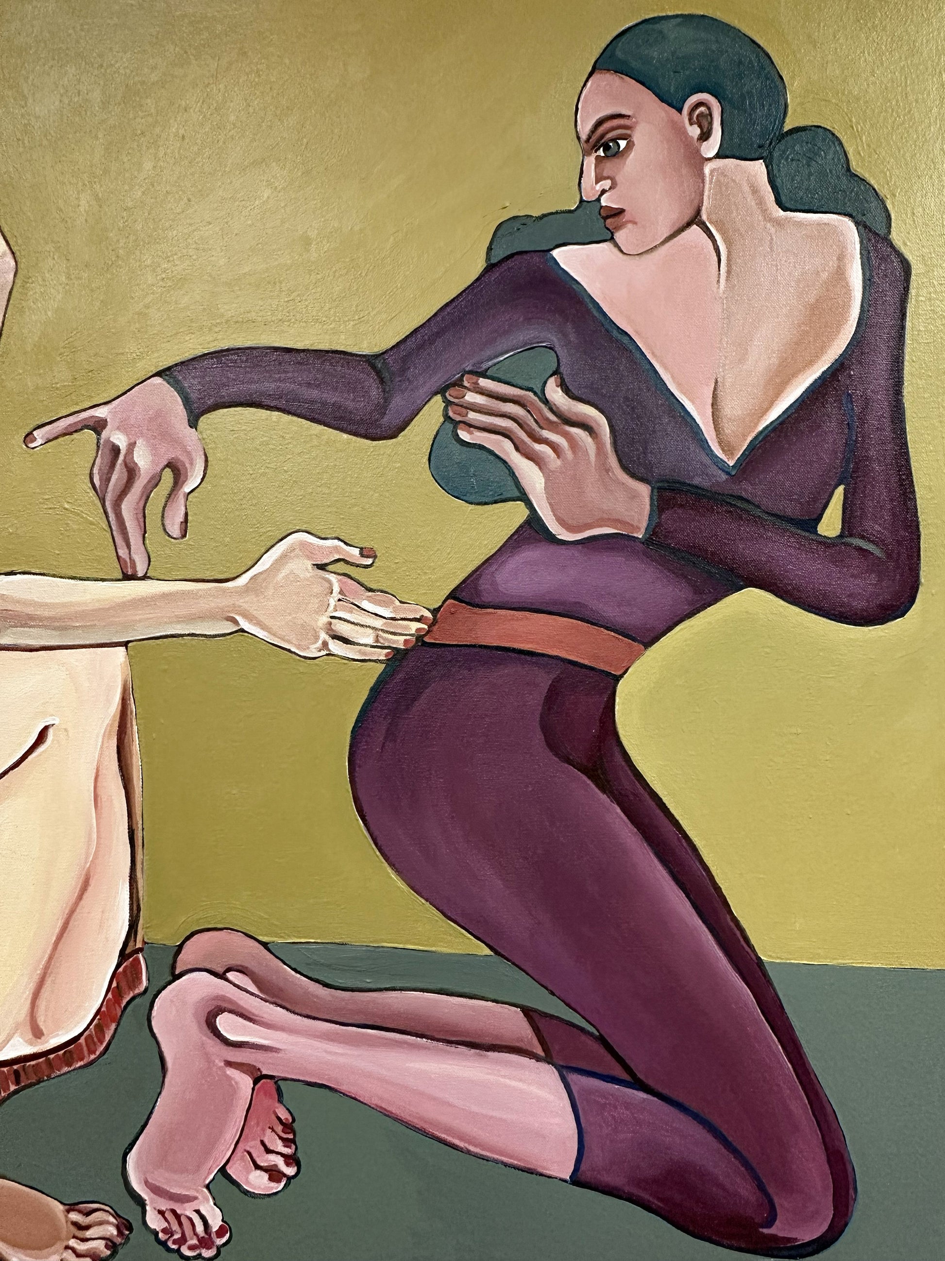Detail of Velvet Tension by Noemi Safir, featuring an elongated female figure reaching forward in a moment of vulnerability, desire and emotional exposure.