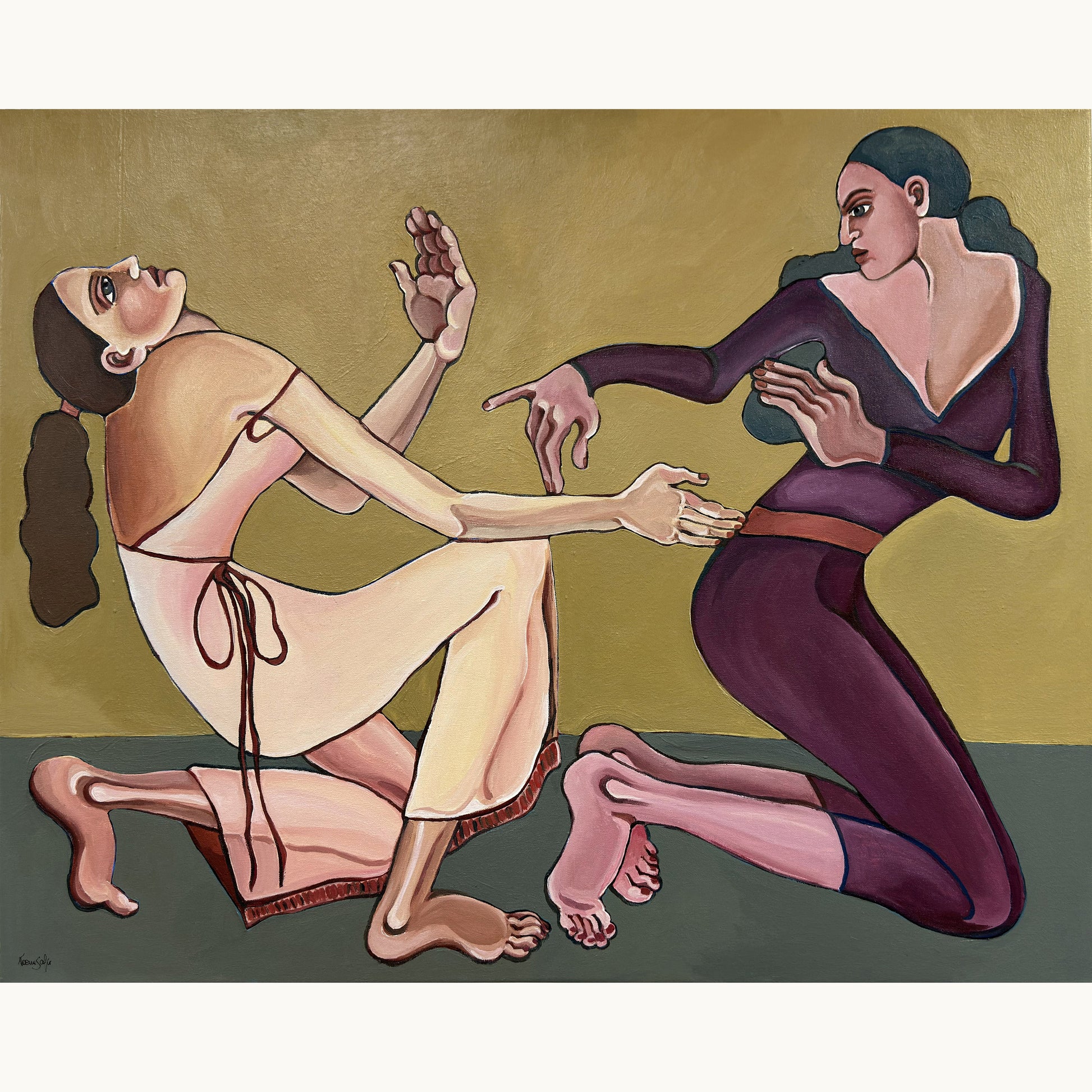 Original figurative painting by Noemi Safir titled Velvet Tension, 80 x 100 cm, showing two elongated women in a charged moment of intimacy and resistance.