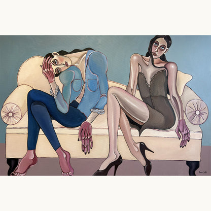 It’s Going to Be a Long Afternoon by Noemi Safir, an original contemporary figurative painting exploring intimacy, distance and emotional tension between two women.