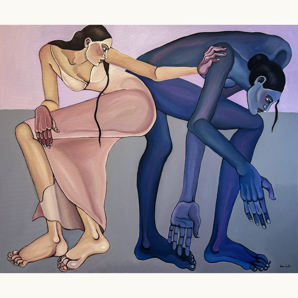 I’ll Be Here When You’re Ready by Noemi Safir is an original 120 x 100 cm contemporary figurative painting of two women seated closely together.