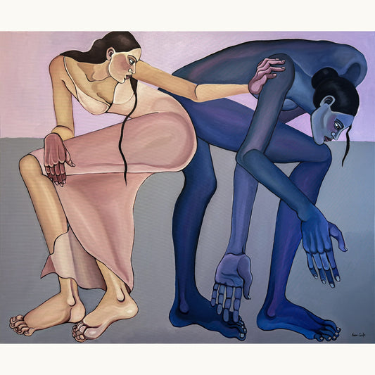 I’ll Be Here When You’re Ready by Noemi Safir is an original 120 x 100 cm contemporary figurative painting of two women seated closely together.