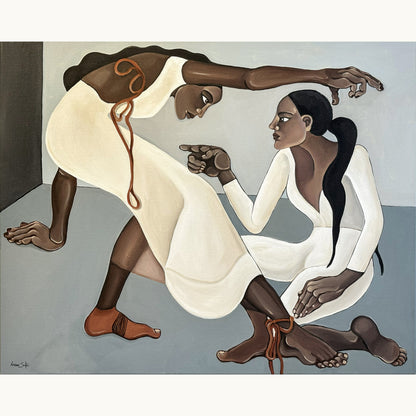 You Could Have Just Asked is an original contemporary figurative painting by Noemi Safir showing two elongated women caught in a tense physical exchange.