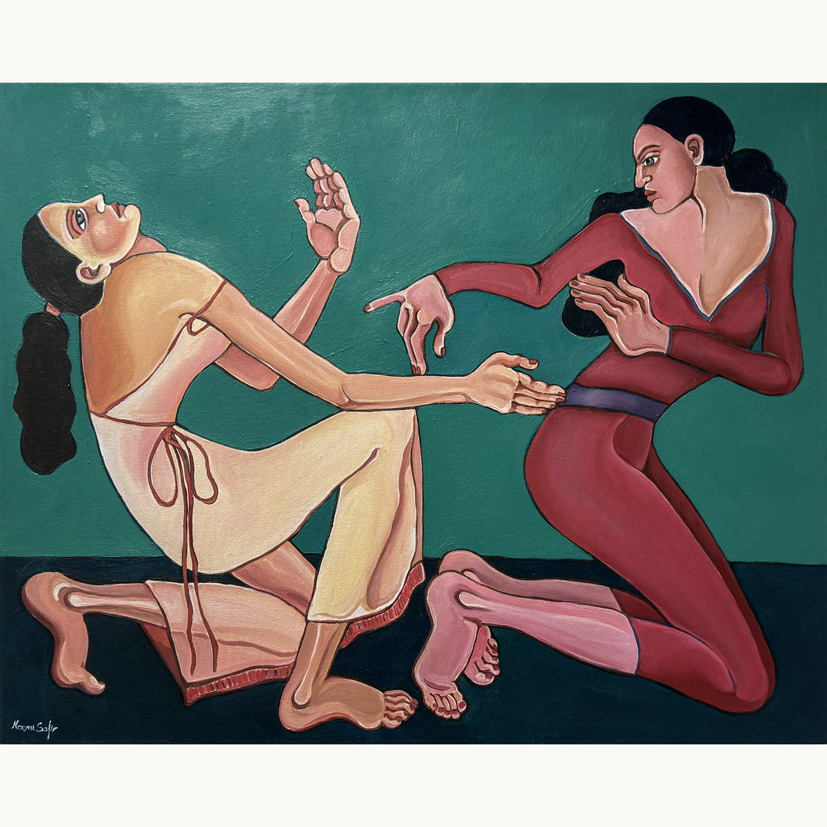 Original figurative painting by Noemi Safir titled Velvet Tension, 80 x 100 cm, showing two elongated women in a charged moment of intimacy and resistance.