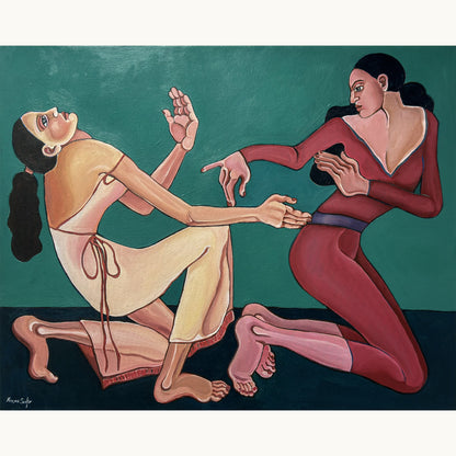 Original figurative painting by Noemi Safir titled Velvet Tension, 80 x 100 cm, showing two elongated women in a charged moment of intimacy and resistance.