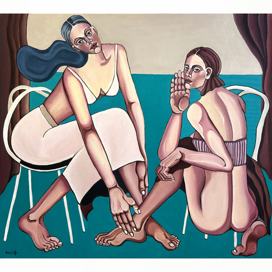 No One Needs to Know by Noemi Safir is an original contemporary figurative painting of two women sharing a private intimate conversation.