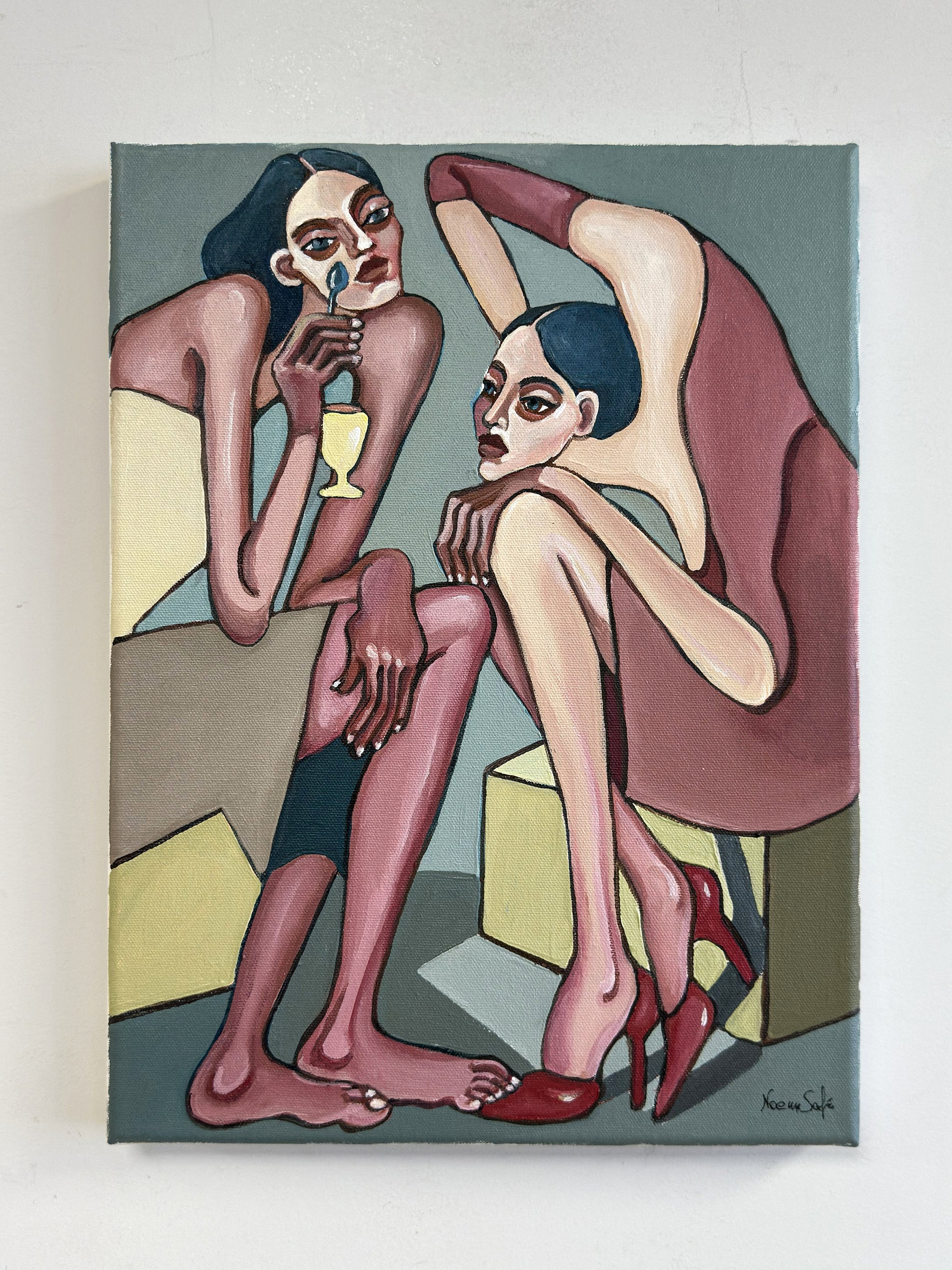 Highly collectible original painting Too Pretty to Behave by Noemi Safir, exploring women, emotional figurative art, feminine rebellion and contemporary symbolic painting.