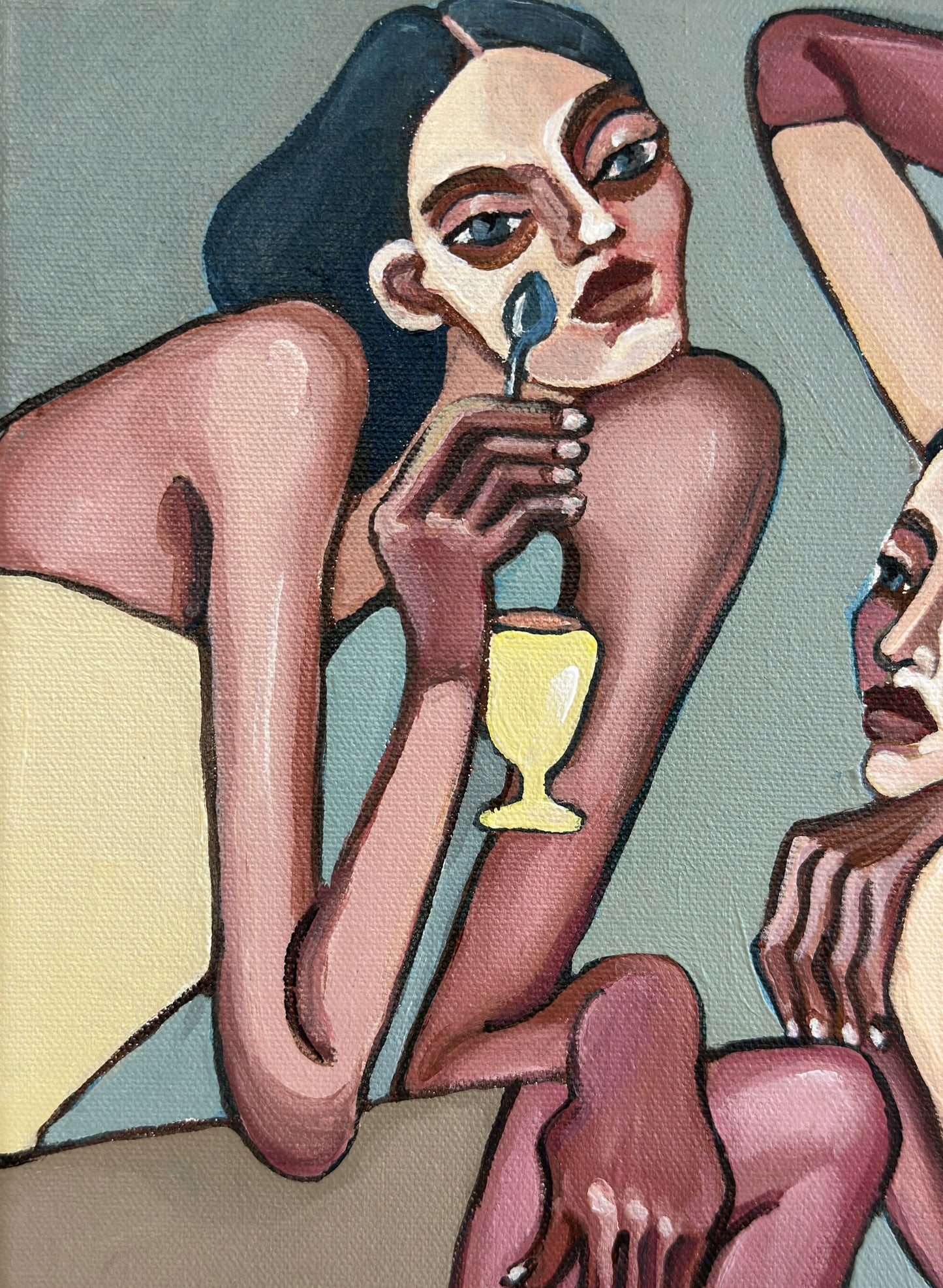 Noemi Safir contemporary figurative painting Too Pretty to Behave, showing two elongated female figures with red heels, a small glass and symbolic body language.