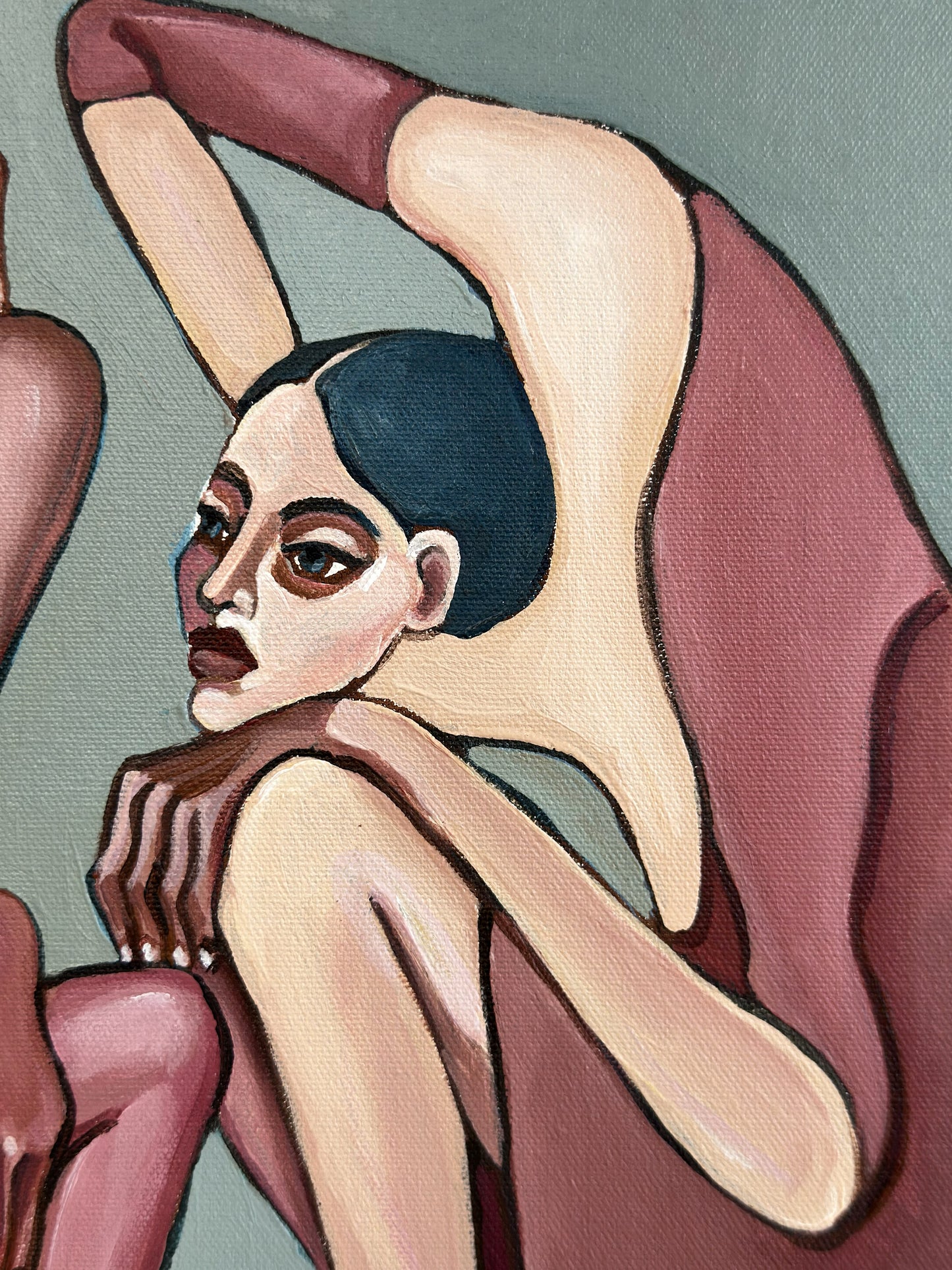 Too Pretty to Behave original artwork by Noemi Safir, a highly collectible painting about feminine identity, glamour, quiet competition and symbolic storytelling.