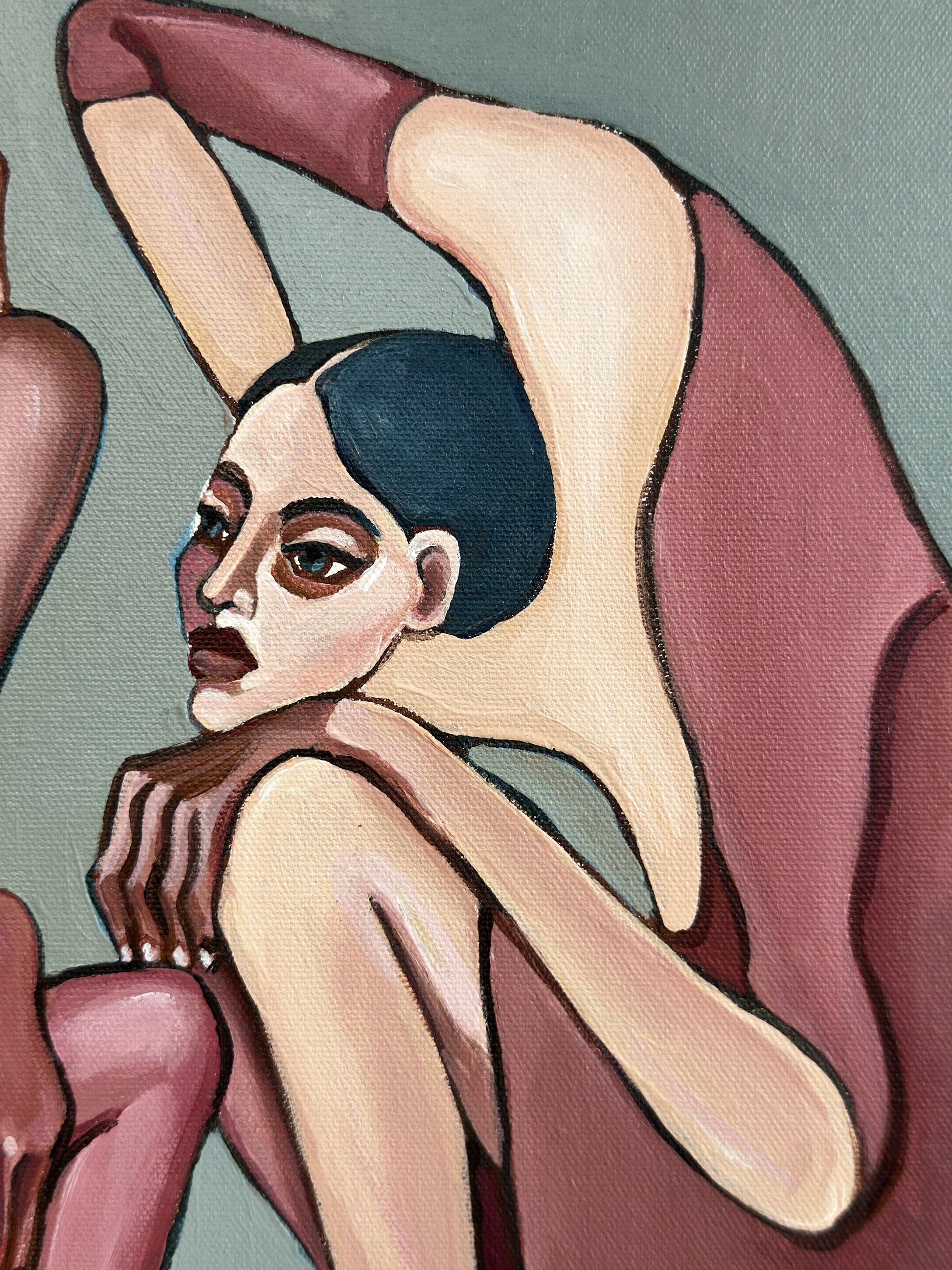 Too Pretty to Behave original artwork by Noemi Safir, a highly collectible painting about feminine identity, glamour, quiet competition and symbolic storytelling.
