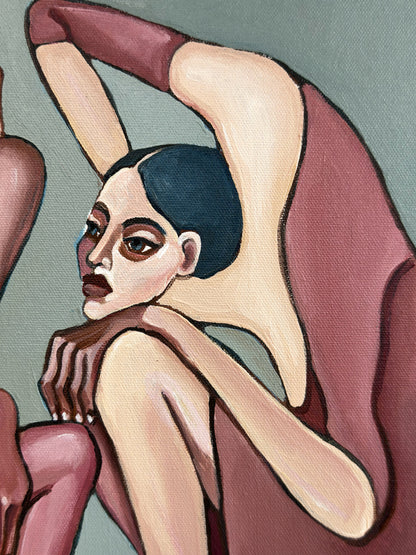 Too Pretty to Behave original artwork by Noemi Safir, a highly collectible painting about feminine identity, glamour, quiet competition and symbolic storytelling.