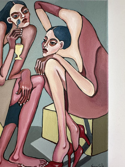 Too Pretty to Behave original acrylic on canvas by Noemi Safir, a symbolic figurative painting about glamour, self presentation, desire and emotional unrest.
