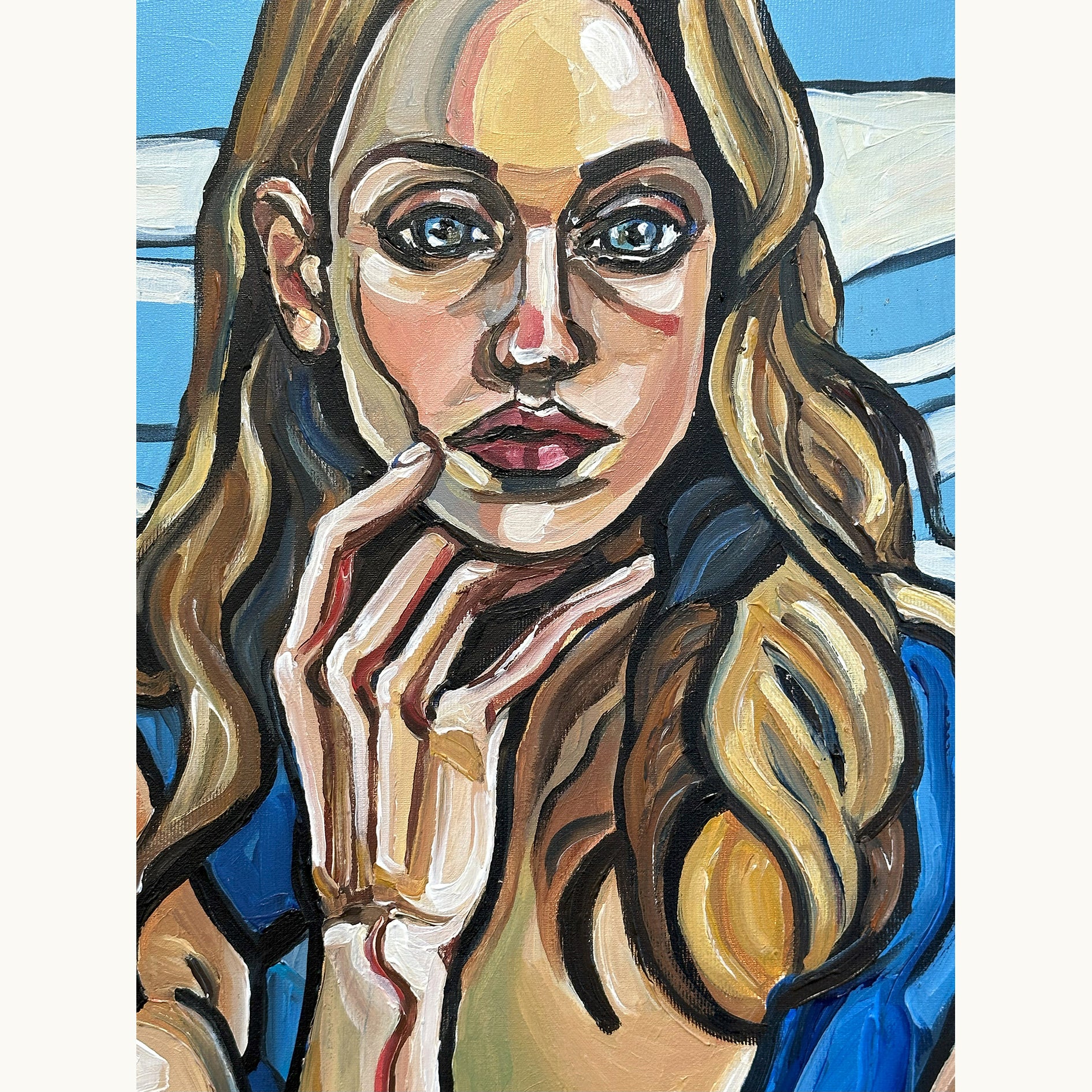 Contemporary figurative painting by Noemi Safir featuring two female figures, pink and blue tones, and a psychologically charged seated composition