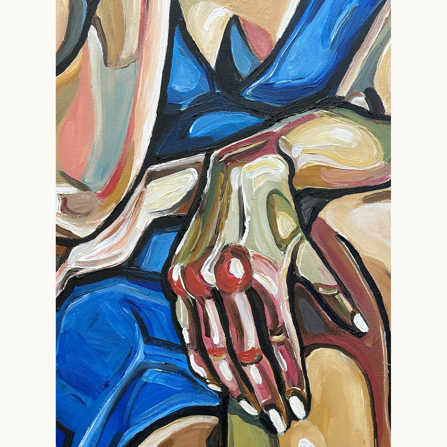 Female figurative artwork by Noemi Safir showing two women in a refined contemporary portrait with soft blue background and flowing white forms