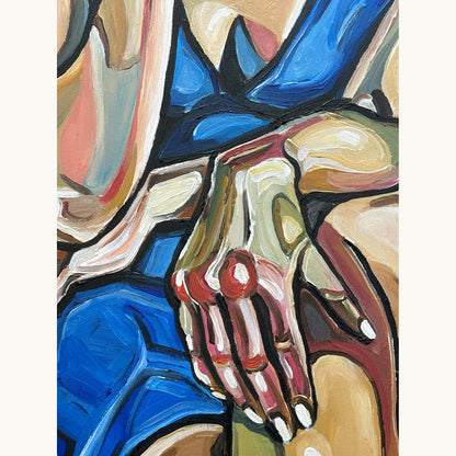 Female figurative artwork by Noemi Safir showing two women in a refined contemporary portrait with soft blue background and flowing white forms