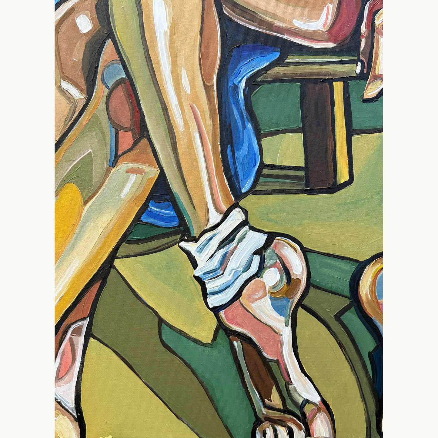 One of a kind acrylic painting by Noemi Safir featuring two women, pale blue setting, pink dress, blue dress, and expressive figurative brushwork