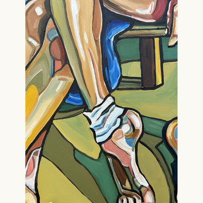 One of a kind acrylic painting by Noemi Safir featuring two women, pale blue setting, pink dress, blue dress, and expressive figurative brushwork