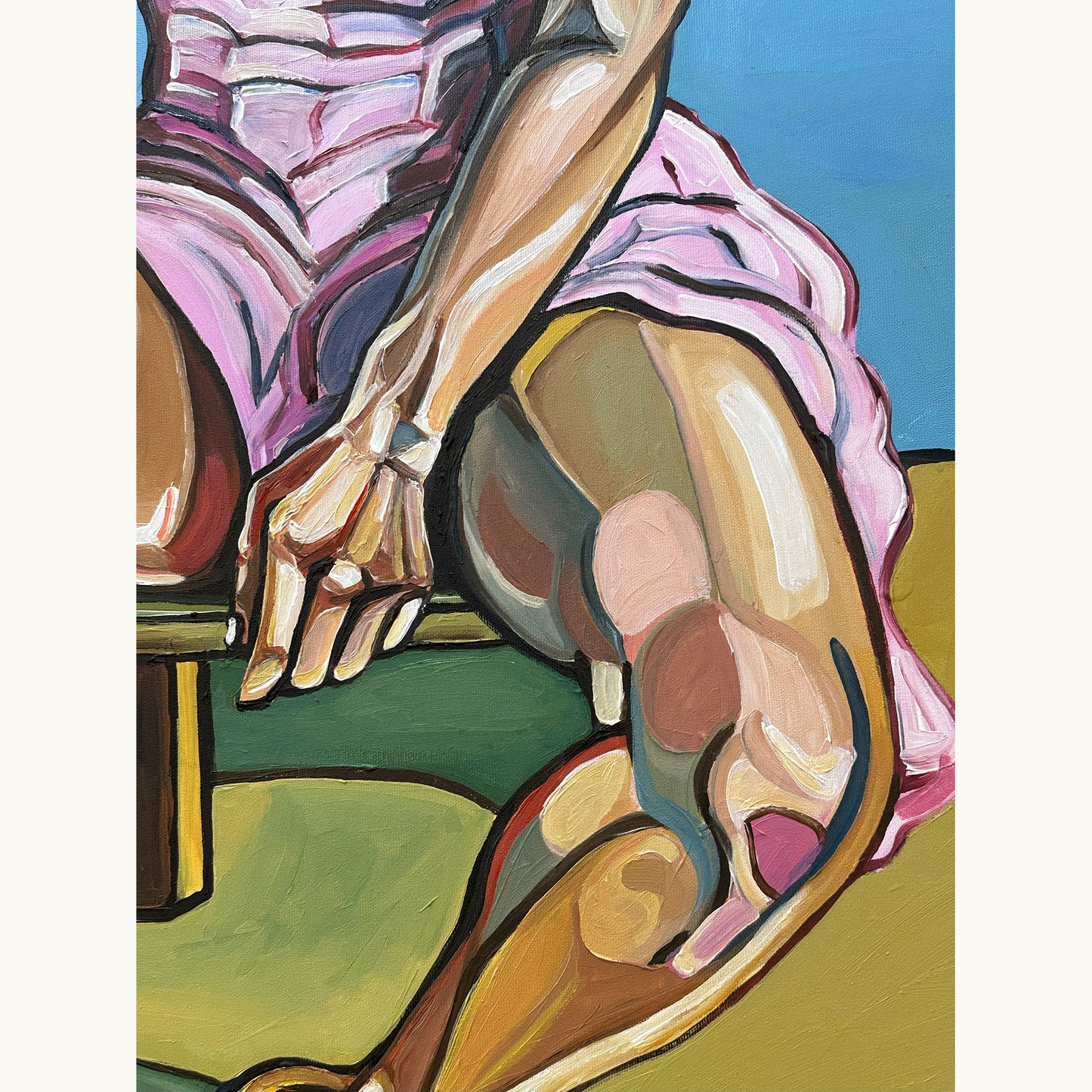 Collectible original painting by Noemi Safir with two seated female figures, psychological tension, and intimate contemporary portraiture