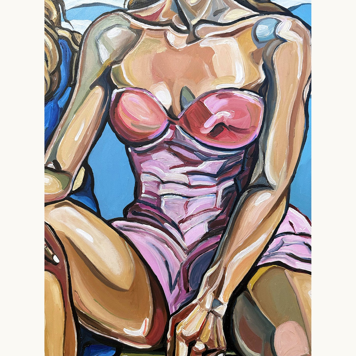 Original acrylic on canvas painting by Noemi Safir with a female double portrait, elegant seated poses, and layered flesh tone highlights