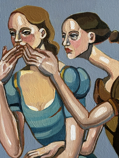 The Words That Never Come Out by Noemi Safir, original painting from the series Drama Looks Good on Us, featuring two women in a charged moment of intimacy, silence, and emotional control.