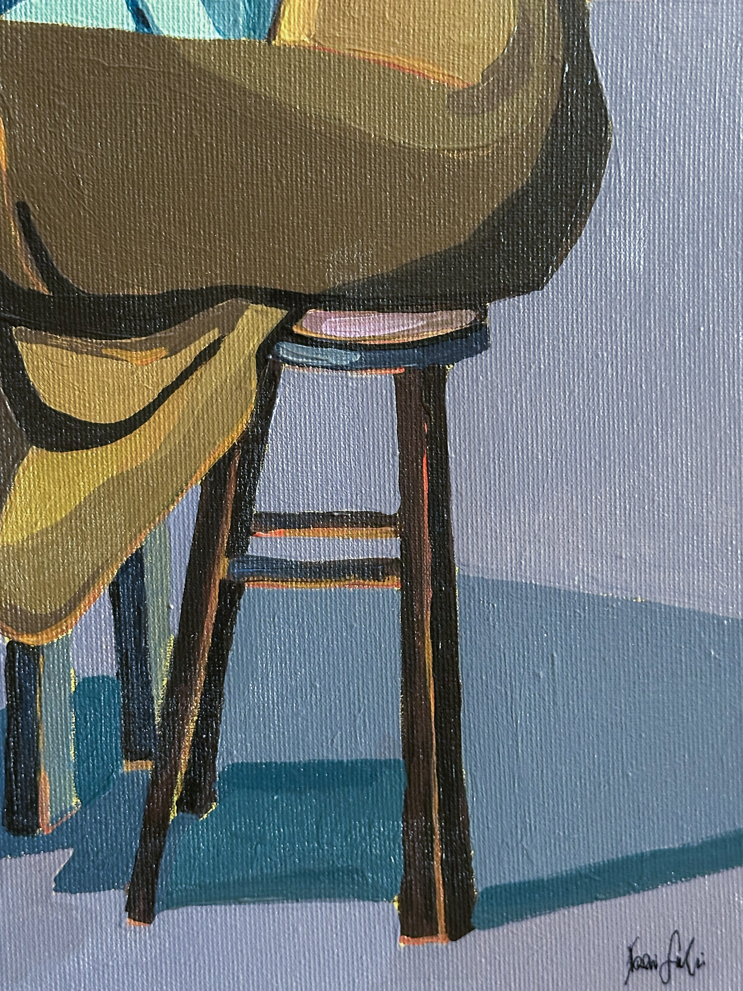 A figurative  painting rendered in bold brushstrokes of blue, brown  and yellow on a textured canvas by artist Noemi SaFIR