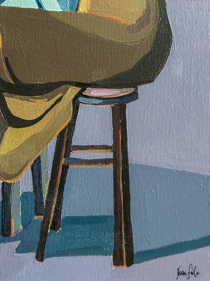 A figurative  painting rendered in bold brushstrokes of blue, brown  and yellow on a textured canvas by artist Noemi SaFIR