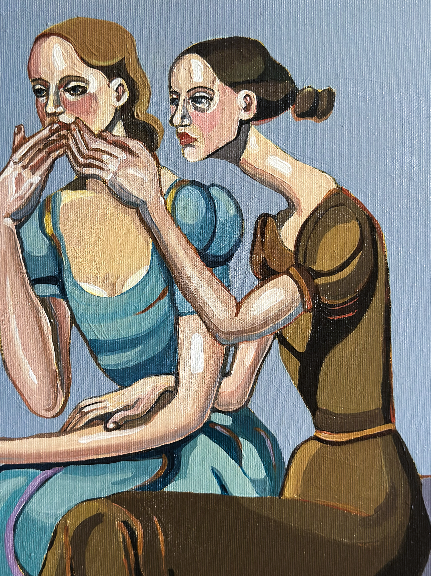 An acrylic painting by Noemi Safir depicting two stylized women seated side by side against a light blue background. The woman on the left wears a blue dress and covers her mouth with her hands, while the woman on the right wears a brown dress and leans over her.