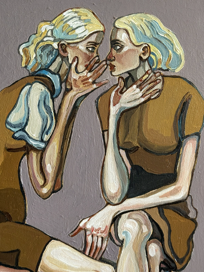 Layers That Left Their Mark by Noemi Safir, original painting from the series Drama Looks Good on Us, featuring two women in a charged moment of intimacy, listening, and emotional imprint.